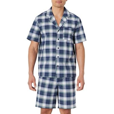 Amazon Herren Kurzes Pyjama-Set aus Baumwoll-Stretch-Popeline mit V-Ausschnitt, Indigo Ländliches Karo, XS Amazon Herren Kurzes Pyjama-Set aus Baumwoll-Stretch-Popeline mit V-Ausschnitt, Indigo Ländliches Karo, XS