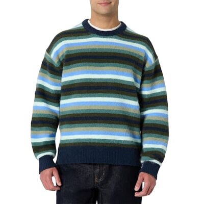 Amazon Herren Relaxed-Fit-Pullover mit Rundhalsausschnitt aus Mohairimitat, Marineblau Blau Gestrickte Streifen, L Amazon Herren Relaxed-Fit-Pullover mit Rundhalsausschnitt aus Mohairimitat, Marineblau Blau Gestrickte Streifen, L