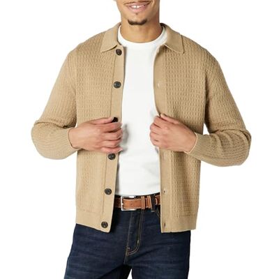 Amazon Herren Strickjacke mit Kragen, lockere Passform, Camel Heather, Größe S Amazon Herren Strickjacke mit Kragen, lockere Passform, Camel Heather, Größe S