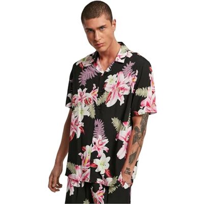 Urban Classics Herren Viscose AOP Resort Shirt T-Shirt, Black, XL Urban Classics Herren Viscose AOP Resort Shirt T-Shirt, Black, XL