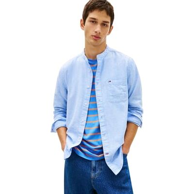 Tommy Jeans Herren Hemd Linen mit Stehkragen, Blau (Blue Twilight), L Tommy Jeans Herren Hemd Linen mit Stehkragen, Blau (Blue Twilight), L