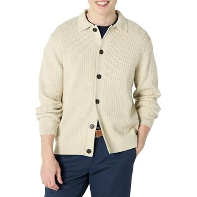 Amazon Herren Strickjacke mit Kragen, lockere Passform, Sand Heather, Größe L Amazon Herren Strickjacke mit Kragen, lockere Passform, Sand Heather, Größe L