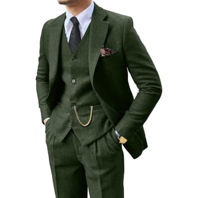 Fxzpiodi Retro 3-teiliger Anzug Tweed Fischgrätenmuster Herrenanzüge Slim Fit Bräutigam Smoking Set Abschlussball Braun Grau Jacke Blazer Weste Hose, Grün, L Fxzpiodi Retro 3-teiliger Anzug Tweed Fischgrätenmuster Herrenanzüge Slim Fit Bräutigam Smoking Set Abschlussball Braun Grau Jacke Blazer Weste Hose, Grün, L