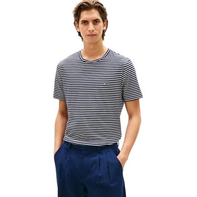 Tommy Hilfiger Herren T-Shirt Kurzarm Seasonal Stripe aus Baumwolle, Schwarz (Desert Sky/Ecru Stripe), S Tommy Hilfiger Herren T-Shirt Kurzarm Seasonal Stripe aus Baumwolle, Schwarz (Desert Sky/Ecru Stripe), S