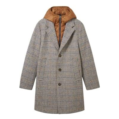 TOM TAILOR Herren 2-in-1 Karo Wollmantel mit abnehmbarer Innenjacke, beige brown wool check, L TOM TAILOR Herren 2-in-1 Karo Wollmantel mit abnehmbarer Innenjacke, beige brown wool check, L