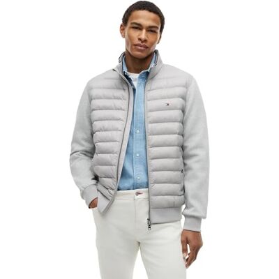 Tommy Hilfiger Herren Sweatshirt mit Reißverschluss Mix Media Stand Collar Steppjacke, Grau (Light Grey Heather), S Tommy Hilfiger Herren Sweatshirt mit Reißverschluss Mix Media Stand Collar Steppjacke, Grau (Light Grey Heather), S