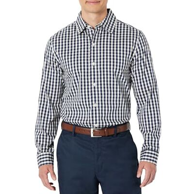 Amazon Langärmeliges Stretchhemd für Herren, schmale Passform, weißes Gingham, Größe L Amazon Langärmeliges Stretchhemd für Herren, schmale Passform, weißes Gingham, Größe L