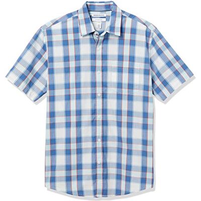 Amazon Herren Kurzärmeliges Hemd aus Popeline, Normale Passform, Blau Kariert, XS Amazon Herren Kurzärmeliges Hemd aus Popeline, Normale Passform, Blau Kariert, XS