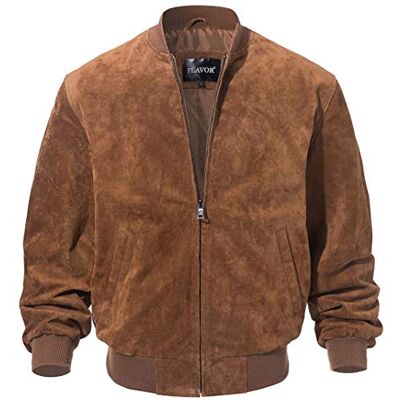 FLAVOR Baseball-Bomberjacke für Herren, Leder, Vintage-Stil, Wildleder, Schweinsleder, Braun, L FLAVOR Baseball-Bomberjacke für Herren, Leder, Vintage-Stil, Wildleder, Schweinsleder, Braun, L
