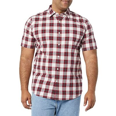 Amazon Herren Kurzärmeliges Hemd aus Popeline, Schmale Passform, Rot Kariert, M Amazon Herren Kurzärmeliges Hemd aus Popeline, Schmale Passform, Rot Kariert, M