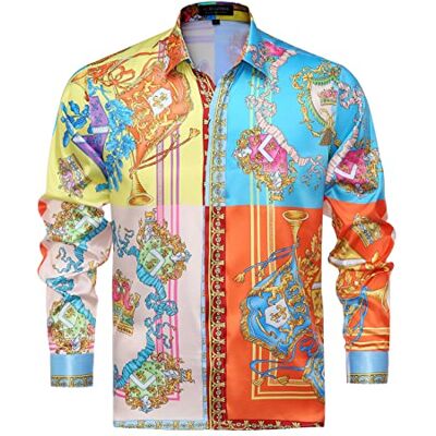 GSBOGOSSE Herren Luxusmarke Bedruckt Seide wie Satin Button Down Kleid Hemd für Party Abschlussball Langarm Slim Fit Floral Nightclub Shirt, Mehrfarbig29, Mittel GSBOGOSSE Herren Luxusmarke Bedruckt Seide wie Satin Button Down Kleid Hemd für Party Abschlussball Langarm Slim Fit Floral Nightclub Shirt, Mehrfarbig29, Mittel