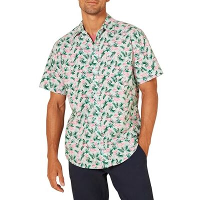 Amazon Herren Kurzärmeliges Sommerhemd mit Aufdruck, Normale Passform, Pastellgrün Flamingo, S Amazon Herren Kurzärmeliges Sommerhemd mit Aufdruck, Normale Passform, Pastellgrün Flamingo, S
