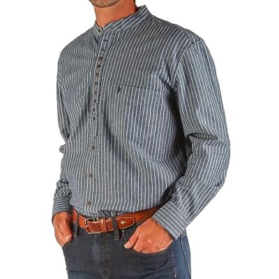 The Celtic Ranch Traditioneller irischer Großvater, lässiges Herrenhemd, langärmelig, gebänderter Kragen, Button-Down-Kragenloses Kleid, Blau gestreifter Kontraststoff, L The Celtic Ranch Traditioneller irischer Großvater, lässiges Herrenhemd, langärmelig, gebänderter Kragen, Button-Down-Kragenloses Kleid, Blau gestreifter Kontraststoff, L