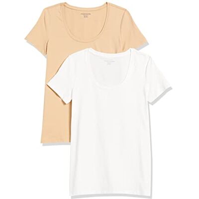 Amazon Damen Kurzärmeliges T-Shirt mit U-Ausschnitt (Erhältlich in Übergröße), Klassischer Schnitt, 2er-Pack, Weiß/Helles Kamel, XX-Large Amazon Damen Kurzärmeliges T-Shirt mit U-Ausschnitt (Erhältlich in Übergröße), Klassischer Schnitt, 2er-Pack, Weiß/Helles Kamel, XX-Large