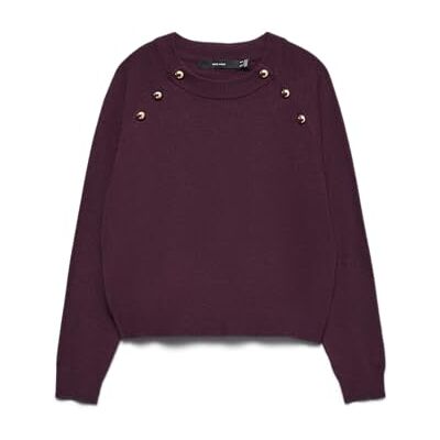 VERO MODA Damen Vmhappy Ls O-Neck Button Pullover Boo, Winetasting, M VERO MODA Damen Vmhappy Ls O-Neck Button Pullover Boo, Winetasting, M