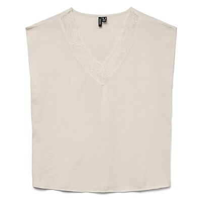 VERO MODA Damen Vmsafa Sl V-Neck Lace Top WVN Ga Noos, Pumice Stone, Large VERO MODA Damen Vmsafa Sl V-Neck Lace Top WVN Ga Noos, Pumice Stone, Large