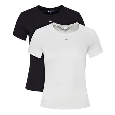 Tommy Jeans Damen 2er Pack T-Shirts Kurzarm Essential Rib Slim Fit, Weiß (Ecru/Black), XS Tommy Jeans Damen 2er Pack T-Shirts Kurzarm Essential Rib Slim Fit, Weiß (Ecru/Black), XS