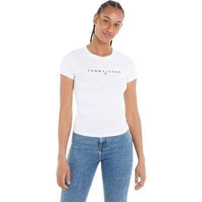 Tommy Jeans Damen T-Shirt Kurzarm Slim Linear Tee Rundhalsausschnitt, Weiß (White), XXS Tommy Jeans Damen T-Shirt Kurzarm Slim Linear Tee Rundhalsausschnitt, Weiß (White), XXS