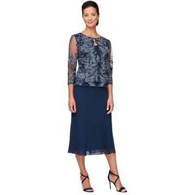 Alex Evenings Damen-Tea-Length-Kleid mit Jacke – perfekt für Hochzeiten und formelle Anlässe (Petite- und Regular-Größen), Marineblaue Spitze, 44 Alex Evenings Damen-Tea-Length-Kleid mit Jacke – perfekt für Hochzeiten und formelle Anlässe (Petite- und Regular-Größen), Marineblaue Spitze, 44