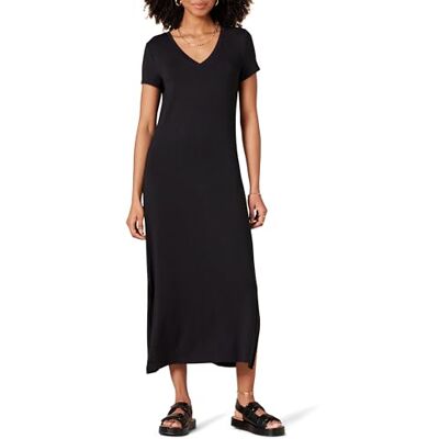 Amazon Damen Kurzärmliges, mittellanges Jersey-Kleid mit V-Ausschnitt, Schwarz, XXL Amazon Damen Kurzärmliges, mittellanges Jersey-Kleid mit V-Ausschnitt, Schwarz, XXL