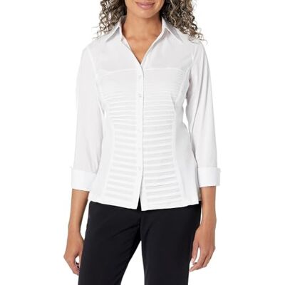 Zac & Rachel Damen Oberteil mit 3/4-Ärmeln, Knopfleiste und gerippten Strickeinsätzen für eine Bequeme Passform Bluse, weiß, Large Zac & Rachel Damen Oberteil mit 3/4-Ärmeln, Knopfleiste und gerippten Strickeinsätzen für eine Bequeme Passform Bluse, weiß, Large