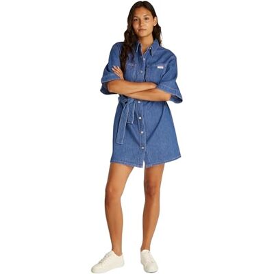 Calvin Damen Hemdkleid Linen Boxy Belted Denim, Blau (Denim Medium), S Calvin Damen Hemdkleid Linen Boxy Belted Denim, Blau (Denim Medium), S