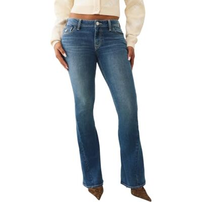 True Religion Damen Joey Single Needle Mid Rise Flap Flare Jeans, Mittlere Mistelzweig-Waschung, 28W True Religion Damen Joey Single Needle Mid Rise Flap Flare Jeans, Mittlere Mistelzweig-Waschung, 28W