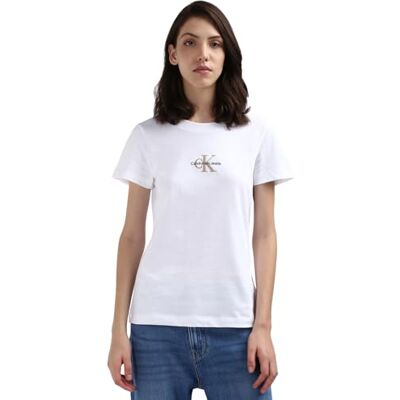 Calvin Jeans Damen T-Shirt Kurzarm Monologo Slim Rundhalsausschnitt, Weiß (Bright White), 4XL Calvin Jeans Damen T-Shirt Kurzarm Monologo Slim Rundhalsausschnitt, Weiß (Bright White), 4XL