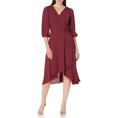 DKNY Damen-Midikleid mit Ballon-Ärmeln und Wickeloptik, Kastanienbraun, 34 DKNY Damen-Midikleid mit Ballon-Ärmeln und Wickeloptik, Kastanienbraun, 34