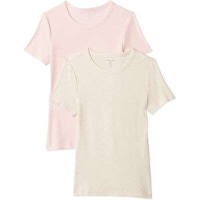 Amazon Damen Kurzärmeliges T-Shirt mit Rundhalsausschnitt, schmale Passform, 2er-Pack, Oatmeal Heather/Hellrosa, Medium Amazon Damen Kurzärmeliges T-Shirt mit Rundhalsausschnitt, schmale Passform, 2er-Pack, Oatmeal Heather/Hellrosa, Medium