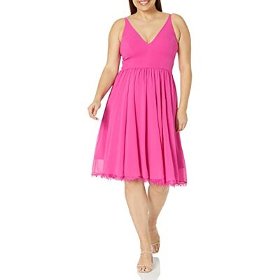 Dress the Population Alicia Damenkleid in Midilänge, ärmellos, eng anliegend, ausgestellter Rock, tiefer Ausschnitt, strukturierter Kontrast, Helles Fuchsia, Mittel Dress the Population Alicia Damenkleid in Midilänge, ärmellos, eng anliegend, ausgestellter Rock, tiefer Ausschnitt, strukturierter Kontrast, Helles Fuchsia, Mittel