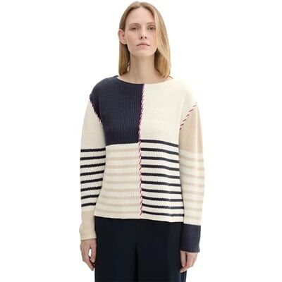 TOM TAILOR Damen Pullover mit Struktur und Streifen,36469 Navy Patched Stripe Knit, XL TOM TAILOR Damen Pullover mit Struktur und Streifen,36469 Navy Patched Stripe Knit, XL