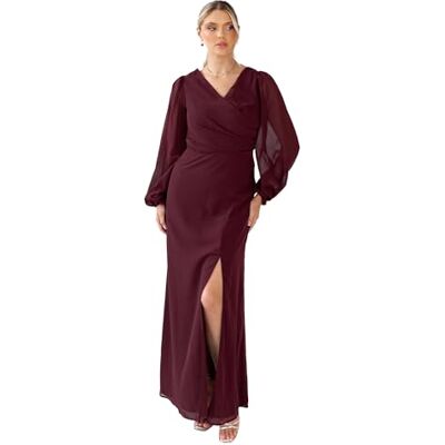 Anaya with Love Women's Maxi Dress Ladies Recycled Faux Wrap V-Neck Long Blouson Sleeve Gathered Draped Skirt Split A-line Occasion Wear, Dunkelrot 54 Anaya with Love Women's Maxi Dress Ladies Recycled Faux Wrap V-Neck Long Blouson Sleeve Gathered Draped Skirt Split A-line Occasion Wear, Dunkelrot 54