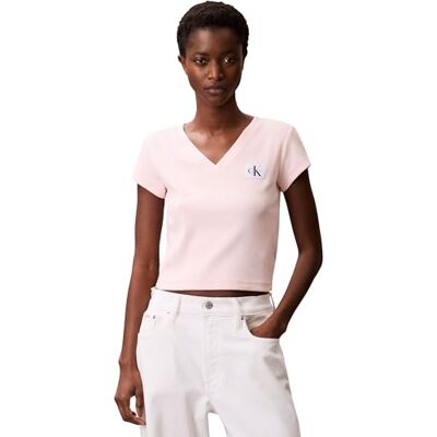 Calvin Damen T-Shirt Kurzarm Woven Label Rib Tee mit V-Ausschnitt, Rosa (Cloud Pink), XS Calvin Damen T-Shirt Kurzarm Woven Label Rib Tee mit V-Ausschnitt, Rosa (Cloud Pink), XS