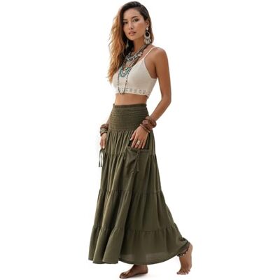Thaluta Maxi-Rock mit Langen Taschen, Boho-Stil, Baumwolle, elastische Taille, Gypsy Grün Einheitsgröße Thaluta Maxi-Rock mit Langen Taschen, Boho-Stil, Baumwolle, elastische Taille, Gypsy Grün Einheitsgröße
