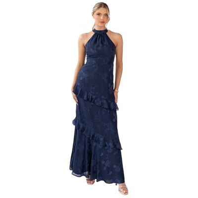 Maya Deluxe Women's Maxi Dress Ladies Halterneck Sleeveless Floral Jacquard Ruffle A-line Bridesmaid Wedding Guest Prom Evening Gown, Marineblau 44 Maya Deluxe Women's Maxi Dress Ladies Halterneck Sleeveless Floral Jacquard Ruffle A-line Bridesmaid Wedding Guest Prom Evening Gown, Marineblau 44