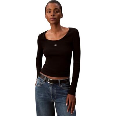 Calvin Damen Langarmshirt Woven Label 2X2 Baby Gerippt, Schwarz (Black), XS Calvin Damen Langarmshirt Woven Label 2X2 Baby Gerippt, Schwarz (Black), XS