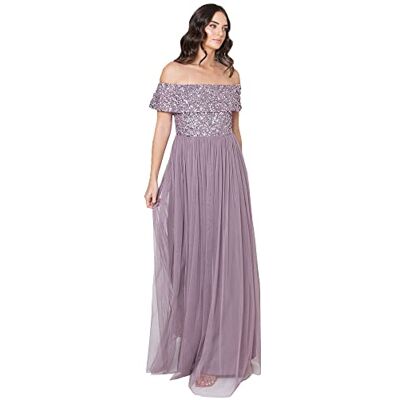 Maya Deluxe Damen Ladies Bardot For Women Maxi Embellished Hight Empire Waist Sleveless Tulle For We Bridesmaid Dress, Moody Lilac, (18UK) 46EU Maya Deluxe Damen Ladies Bardot For Women Maxi Embellished Hight Empire Waist Sleveless Tulle For We Bridesmaid Dress, Moody Lilac, (18UK) 46EU
