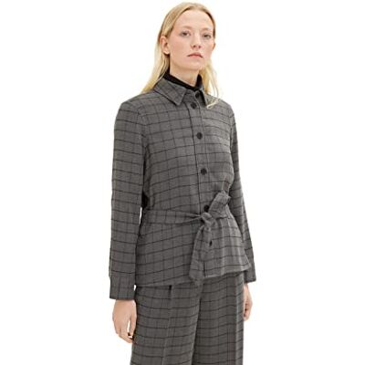 TOM TAILOR Damen Hemdjacke mit Bindegürtel 1034553, 30943 Grey Small Woven Check, 42 TOM TAILOR Damen Hemdjacke mit Bindegürtel 1034553, 30943 Grey Small Woven Check, 42