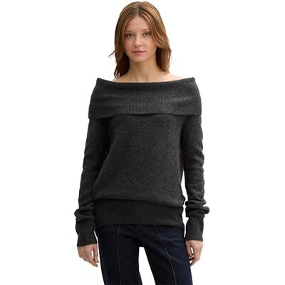 TOM TAILOR Denim Damen Cosy Strickpullover mit Carmen-Ausschnitt, 10522 Shale Grey Melange, XXL TOM TAILOR Denim Damen Cosy Strickpullover mit Carmen-Ausschnitt, 10522 Shale Grey Melange, XXL