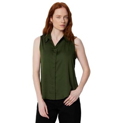 Amazon Damen Ärmellose Bluse mit Knopfleiste, Normale Passform, Dunkelgrün, X-Small Amazon Damen Ärmellose Bluse mit Knopfleiste, Normale Passform, Dunkelgrün, X-Small