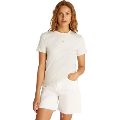 Calvin Damen T-Shirt Kurzarm Woven Label Regular Tee aus Baumwolle, Weiß (Chalk), XL Calvin Damen T-Shirt Kurzarm Woven Label Regular Tee aus Baumwolle, Weiß (Chalk), XL