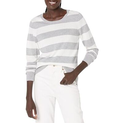Amazon Damen Leichter, Langärmeliger Pullover Mit Rundhalsausschnitt (Erhältlich in Übergröße), Hellgrau Meliert Streifen, S Amazon Damen Leichter, Langärmeliger Pullover Mit Rundhalsausschnitt (Erhältlich in Übergröße), Hellgrau Meliert Streifen, S