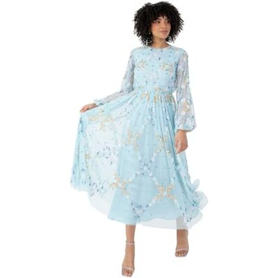 Maya Deluxe Damen Women's Midaxi Dress Ladies Long Puff Sleeve Round Neck Floral Sequin Embellished Tulle A-line Bridesmaid Wedding Guest Kleid, Sky Blue, Maya Deluxe Damen Women's Midaxi Dress Ladies Long Puff Sleeve Round Neck Floral Sequin Embellished Tulle A-line Bridesmaid Wedding Guest Kleid, Sky Blue,
