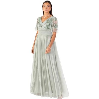 Maya Deluxe Damen Women's Maxi Ladies V-Neck Angel Sleeve Floral Embellished Tulle Shirred Waistline A-line Wedding Guest Bridesmaid Dress, Green Lily, 40 EU Maya Deluxe Damen Women's Maxi Ladies V-Neck Angel Sleeve Floral Embellished Tulle Shirred Waistline A-line Wedding Guest Bridesmaid Dress, Green Lily, 40 EU