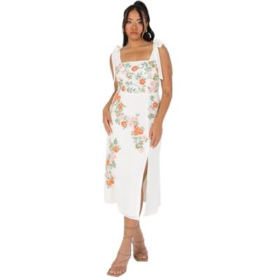 Maya Deluxe Damen Women's Ladies Midi Dress Square Neck Sleeveless Tie Shoulder Floral Embellished Slit Split for Wedding Guest Occasion Kleid Für Besondere Anlässe, Ecru, 40 EU Maya Deluxe Damen Women's Ladies Midi Dress Square Neck Sleeveless Tie Shoulder Floral Embellished Slit Split for Wedding Guest Occasion Kleid Für Besondere Anlässe, Ecru, 40 EU