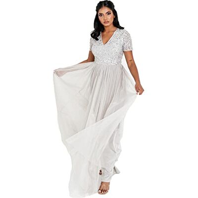 Maya Deluxe Damen Ballkleid Abendkleid V-Ausschnitt Maxi Länge Pailletten Kurze Ärmel Für Hochzeit Geburtstag Brautjungfer Bridesmaid Dress, Soft Grey, 34 EU Maya Deluxe Damen Ballkleid Abendkleid V-Ausschnitt Maxi Länge Pailletten Kurze Ärmel Für Hochzeit Geburtstag Brautjungfer Bridesmaid Dress, Soft Grey, 34 EU