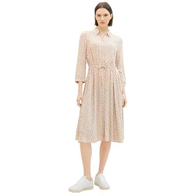 TOM TAILOR Damen Kleid mit Muster & Bindegürtel, 30148 Beige Geometric Design, 44 TOM TAILOR Damen Kleid mit Muster & Bindegürtel, 30148 Beige Geometric Design, 44