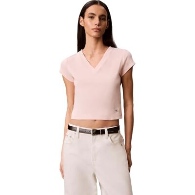 Calvin Damen T-Shirt Kurzarm Woven Label Rib Tee mit V-Ausschnitt, Rosa (Mangano Calcite), M Calvin Damen T-Shirt Kurzarm Woven Label Rib Tee mit V-Ausschnitt, Rosa (Mangano Calcite), M