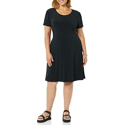 Amazon Damen Gerafftes A-Linien-Kleid mit kurzen Ärmeln und Rundhalsausschnitt (in Übergröße erhältlich), Schwarz, S Amazon Damen Gerafftes A-Linien-Kleid mit kurzen Ärmeln und Rundhalsausschnitt (in Übergröße erhältlich), Schwarz, S